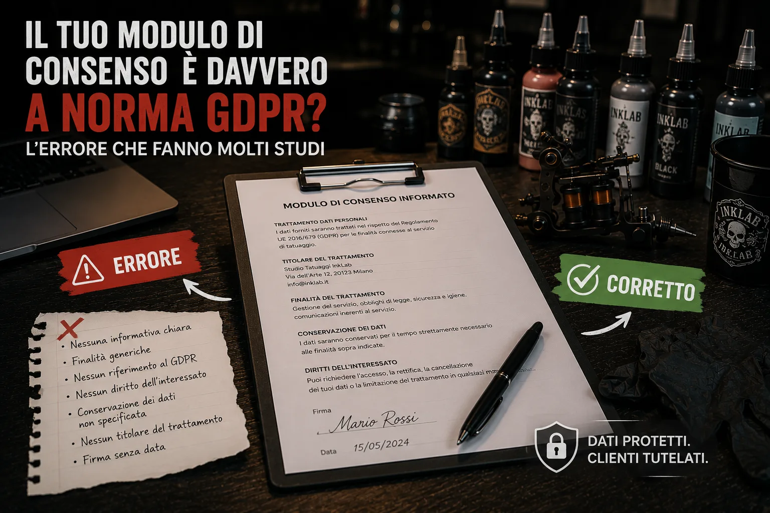 Confronto tra un modulo di consenso informato per tatuaggio non a norma GDPR e uno corretto: a sinistra un post-it giallo con etichetta 'Errore' elenca le mancanze tipiche (nessuna informativa chiara, consenso cumulativo, firma senza data), a destra un'etichetta verde 'Corretto' accanto a un modulo compilato in modo conforme, con boccette d'inchiostro sullo sfondo di uno studio di tatuaggio