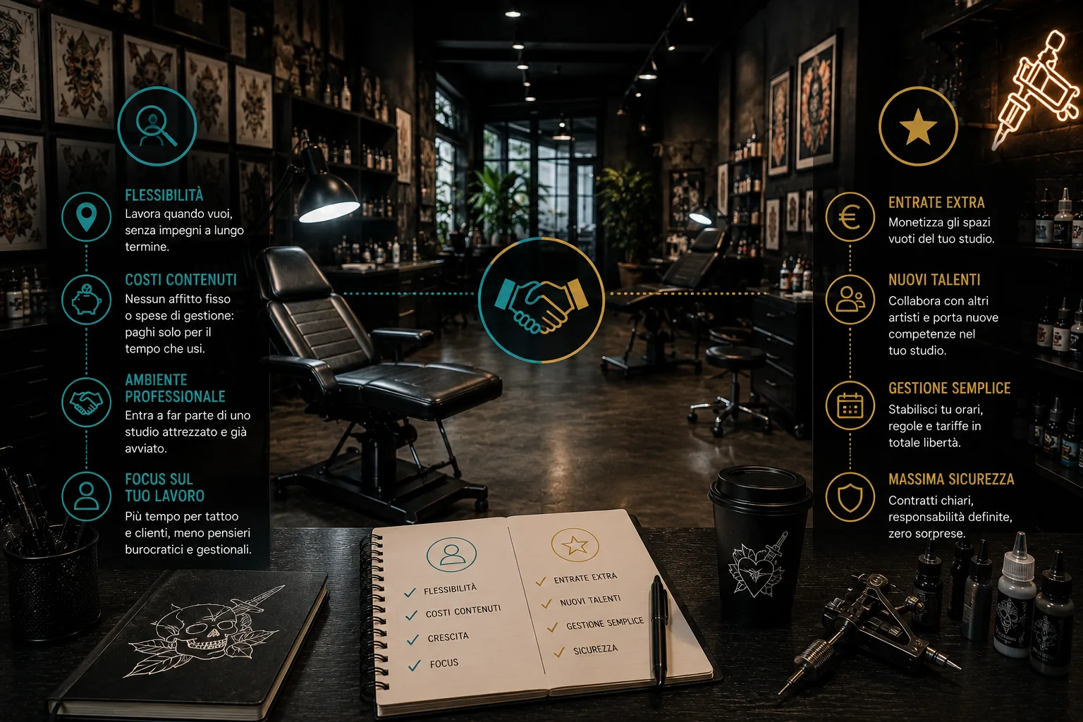 Infografica sull'affitto di una postazione in uno studio di tatuaggi: al centro due lettini neri in uno studio dai muri scuri con flash alle pareti, boccette d'inchiostro sugli scaffali e un'insegna al neon a forma di macchinetta; a sinistra, in azzurro, i vantaggi per chi cerca una postazione (flessibilità, costi contenuti, ambiente professionale, focus sul proprio lavoro), a destra, in oro, quelli per chi la offre (entrate extra, nuovi talenti, gestione semplice, massima sicurezza); in primo piano un taccuino a spirale aperto con una checklist a due colonne, un quaderno nero con teschio, un bicchiere da caffè e una macchinetta rotativa con boccette d'inchiostro