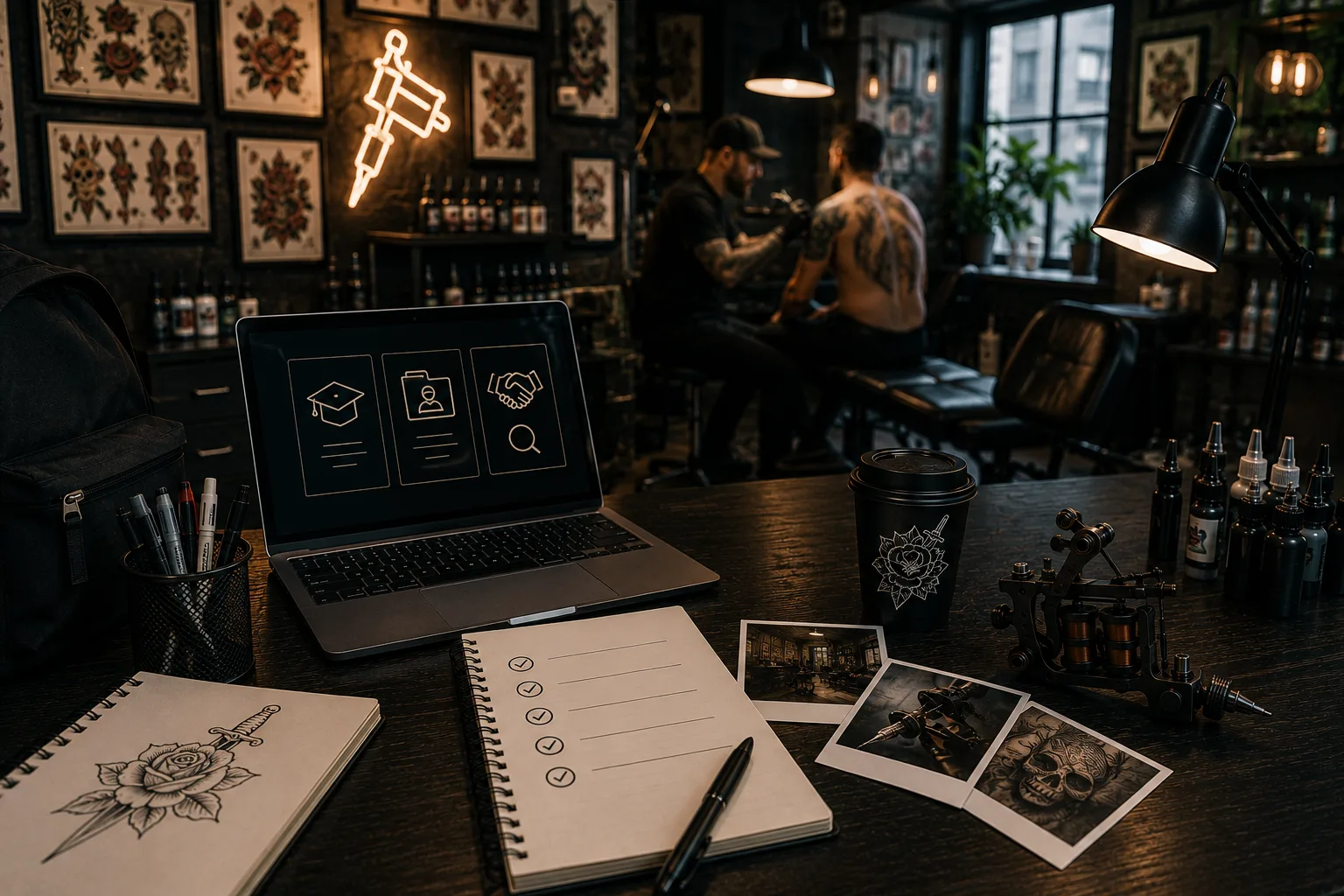 Scrivania di uno studio di tatuaggi con un laptop che mostra tre icone (tocco di laurea, scheda portfolio, stretta di mano) e una lente d'ingrandimento; accanto un taccuino a spirale con una checklist spuntata, un blocco da disegno con un tattoo rosa e pugnale, alcune foto stampate, un bicchiere da caffè, boccette d'inchiostro e una macchinetta a bobine. Sullo sfondo, un tatuatore al lavoro sulla schiena di un cliente, flash alle pareti e un'insegna al neon a forma di macchinetta