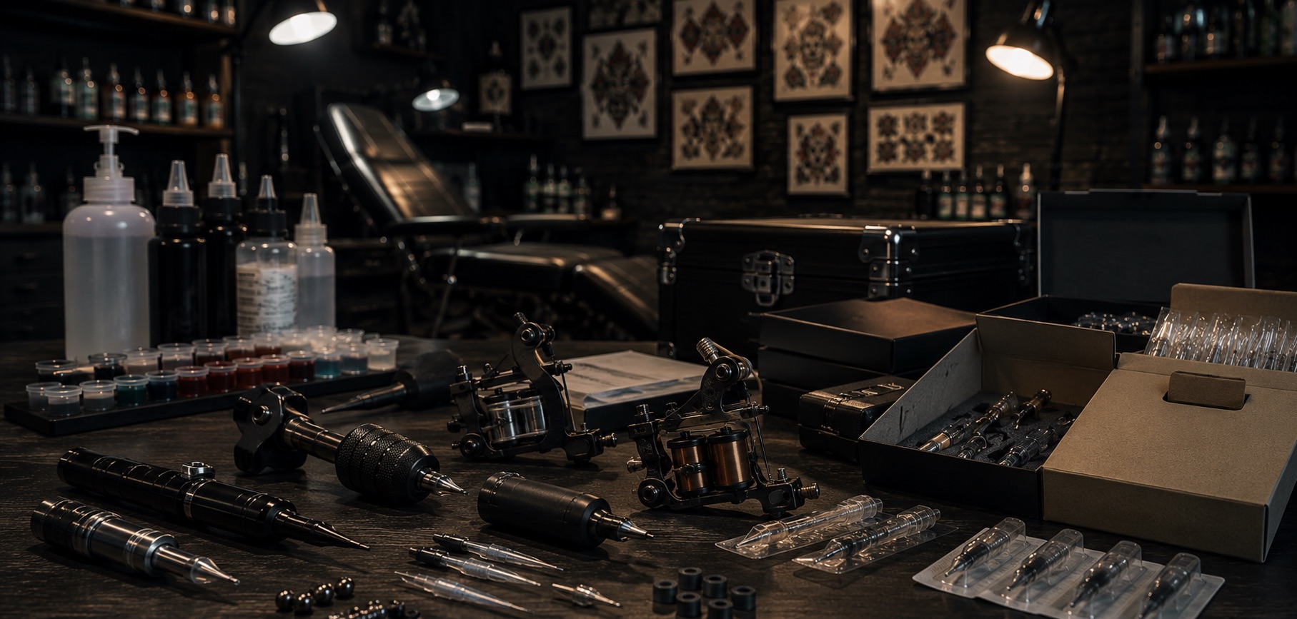 Attrezzatura professionale per tatuatori: macchinette, aghi e inchiostri su un banco da studio