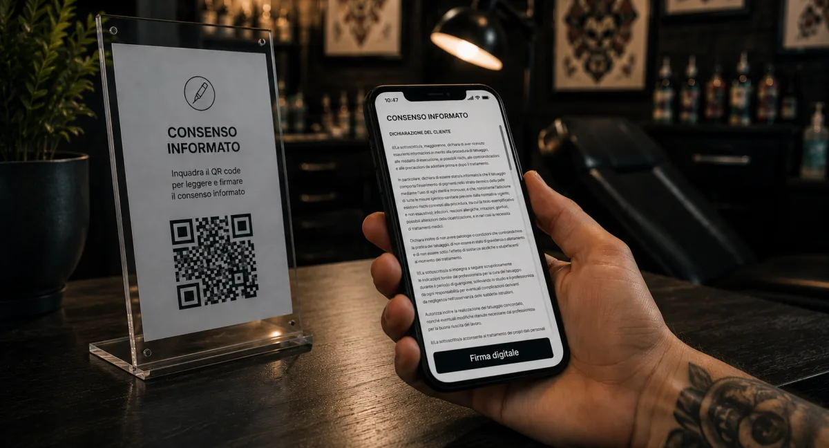 Stand con QR code per il consenso informato e cliente che firma dal telefono in studio